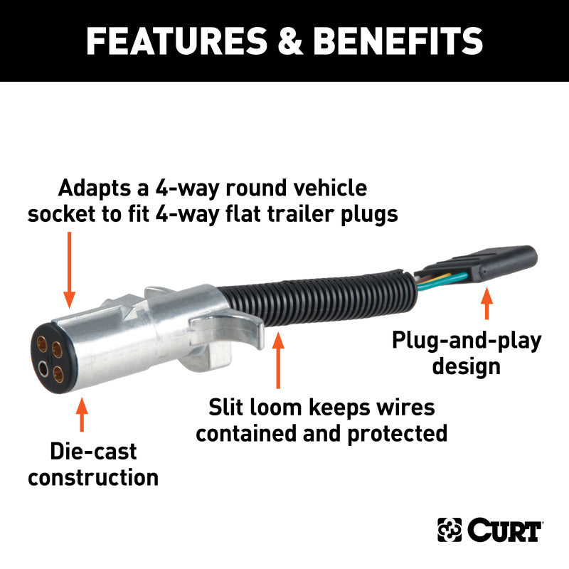 Curt Electrical Adapter (4-Way Round Vehicle to 4-Way Flat Trailer Packaged)