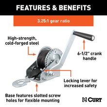 Load image into Gallery viewer, Curt Hand Winch w/15ft Strap (900lbs 6-1/2in Handle)