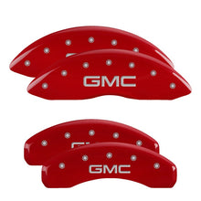 Load image into Gallery viewer, MGP 4 Caliper Covers Engraved Front &amp; Rear 2021-2022 GMC Yukon/Yukon XL Red Finish Silver GMC Logo