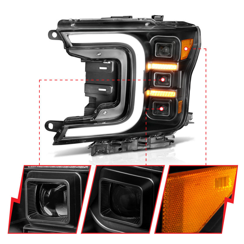 ANZO 18-20 Ford F-150 Full Led Projector Smoke Bar Style Headlights Black Amber