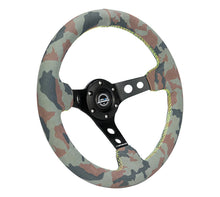 Load image into Gallery viewer, NRG Reinforced Steering Wheel (350mm / 3in. Deep) Camo Suede Mark w/ Neon Grn stitching &amp; Blk Spoke