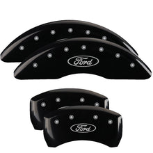 Load image into Gallery viewer, MGP 4 Caliper Covers Engraved Front &amp; Rear 24-25 Ford Mustang EcoBoost - Black w/ Oval Logo