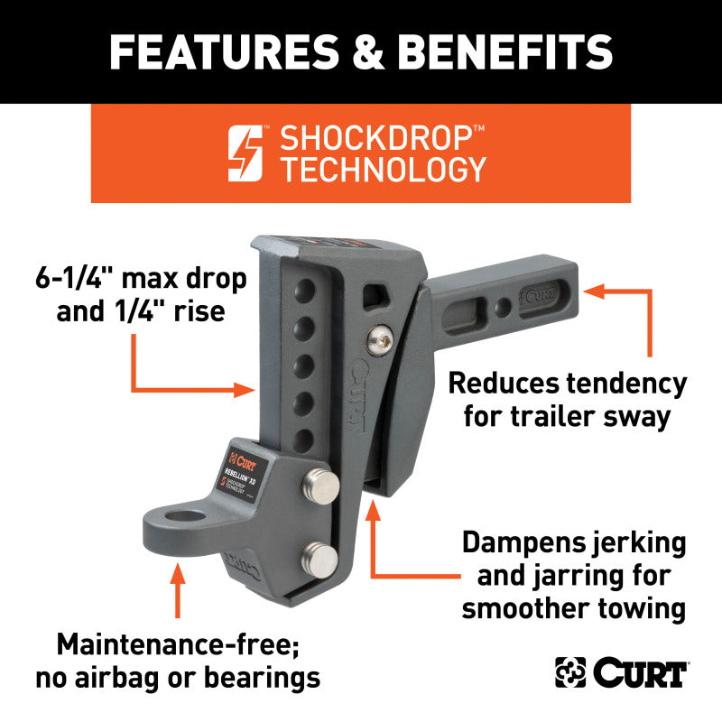 Curt Rebellion XD Adjustable Cushion Hitch Ball Mount (2in Shank 15000lbs 6-1/4in Drop)