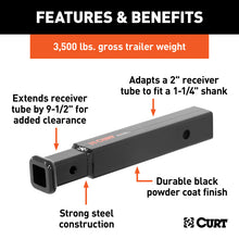 Load image into Gallery viewer, Curt Receiver Tube Adapter (2in to 1-1/4in Shank 3500lbs GTW 9-1/2in Length)