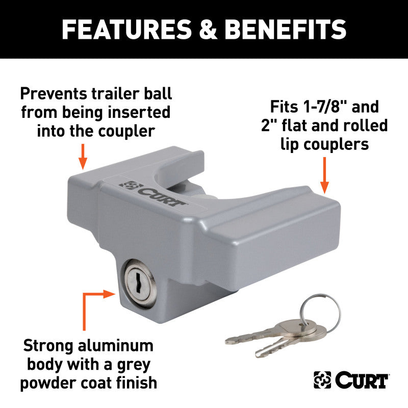 Curt Trailer Coupler Lock for 1-7/8in or 2in Flat Lip Couplers (Grey Aluminum)