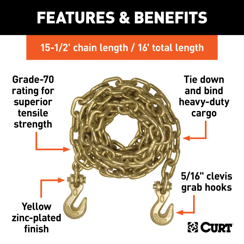 Curt 16ft Transport Binder Safety Chain w/2 Clevis Hooks (18800lbs Yellow Zinc)