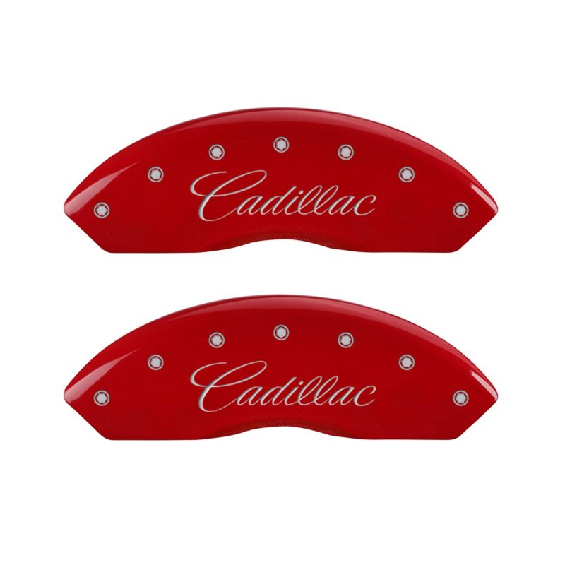 MGP 4 Caliper Covers Engraved Front Cursive/Cadillac Engraved Rear STS Red finish silver ch