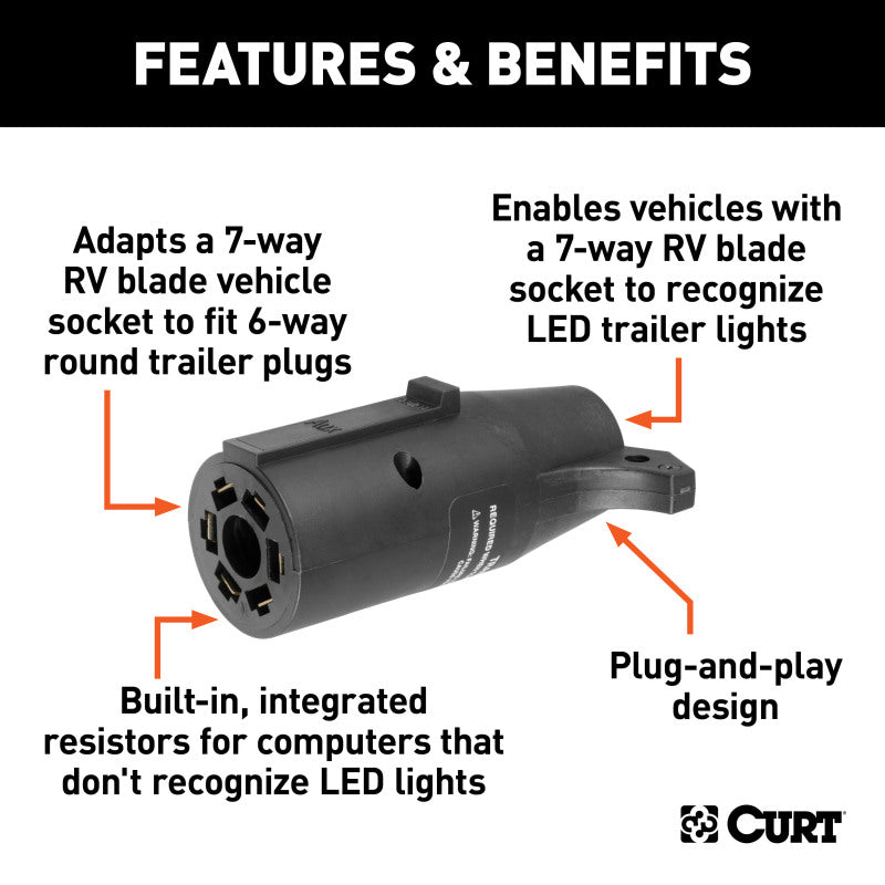 Curt LED Electrical Adapter (7-Way RV Blade Vehicle to 6-Way Round Trailer)