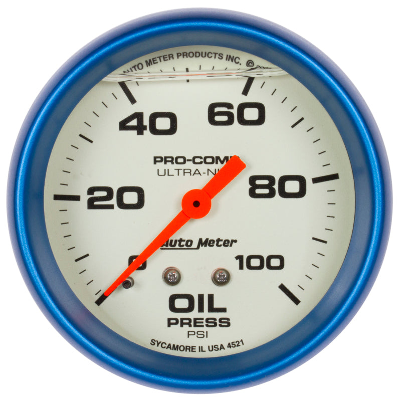 Autometer Ultra-Nite 2-5/8in 0-100 PSI Liquid Filled Mechanical Glow In Dark Oil Pressure Gauge