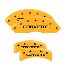 Load image into Gallery viewer, MGP 4 Caliper Covers Engraved F &amp; R C4/Corvette Yellow Finish Black Char 1988 Chevrolet Corvette