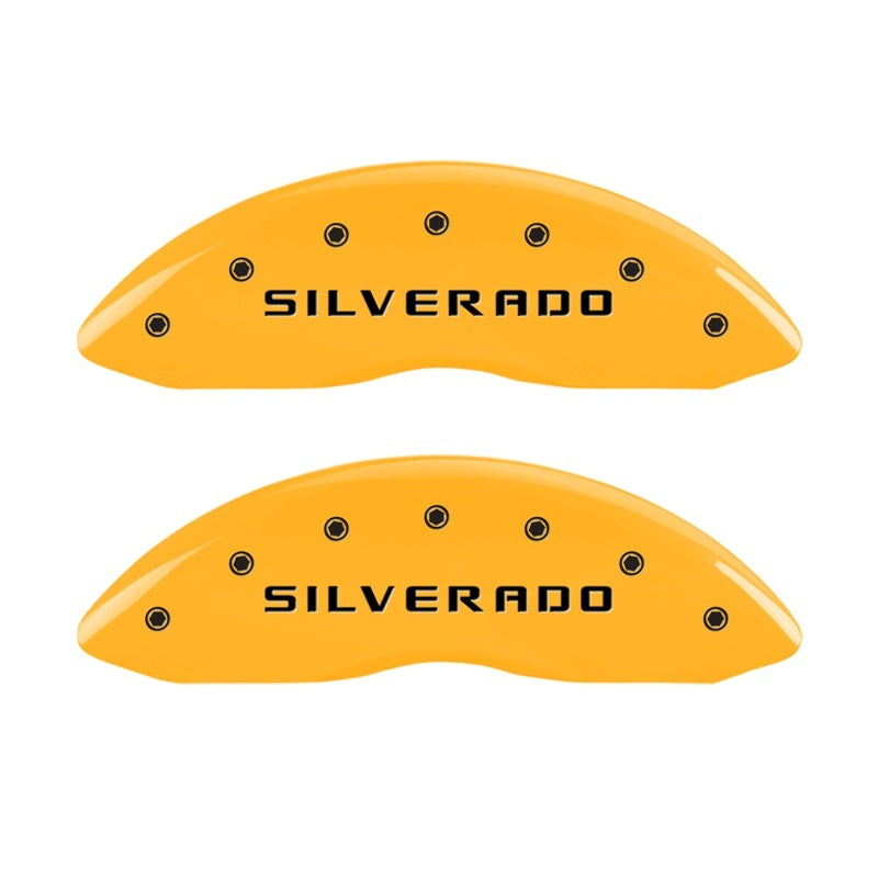 MGP Front set 2 Caliper Covers Engraved Front Silverado Yellow finish black ch