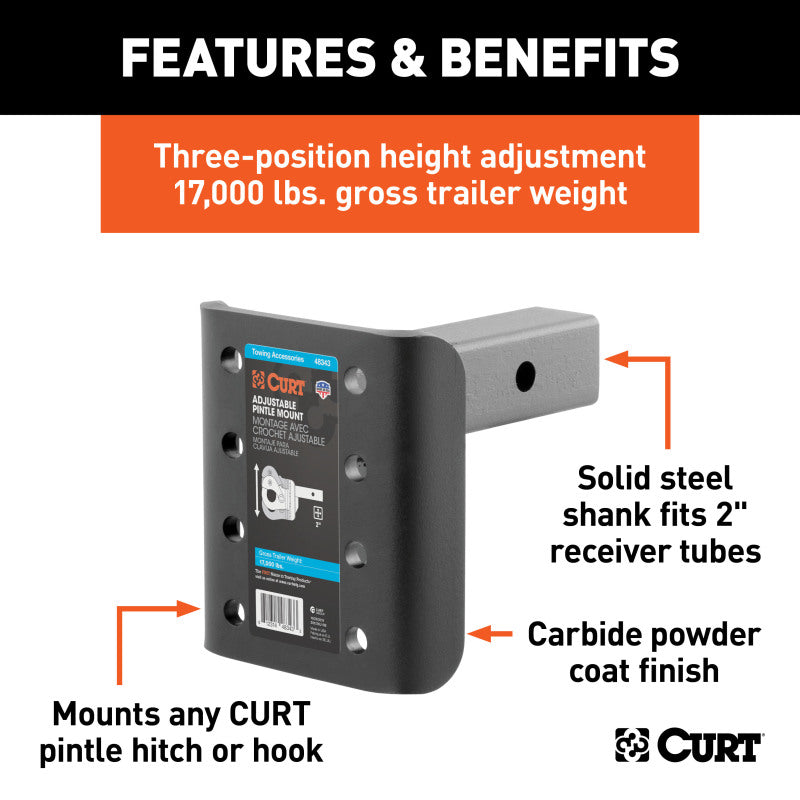 Curt Adjustable Pintle Mount (2in Shank 17000lbs 7-1/4in High 6in Long)