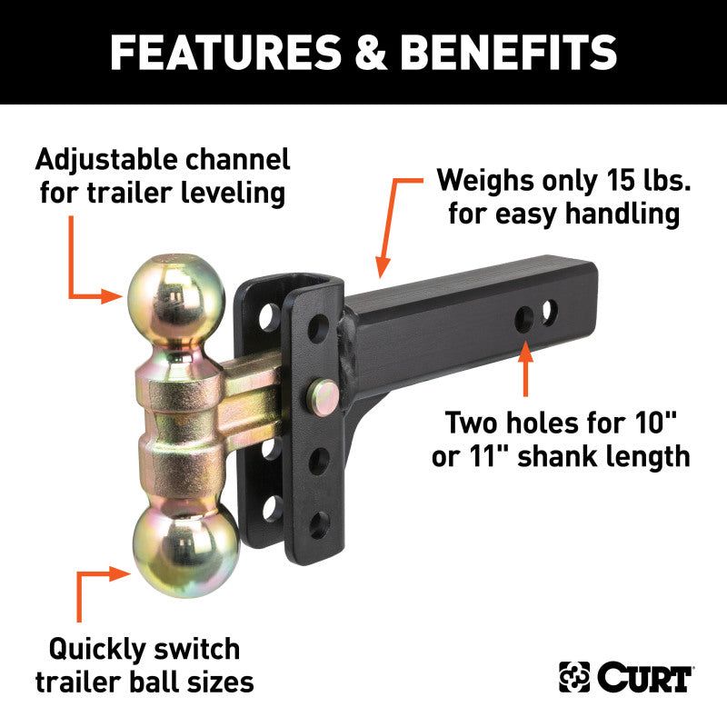 Curt Slim Adjustable Channel Mount w/Dual Ball (2in Shank 10000lbs 3-3/4in Drop)