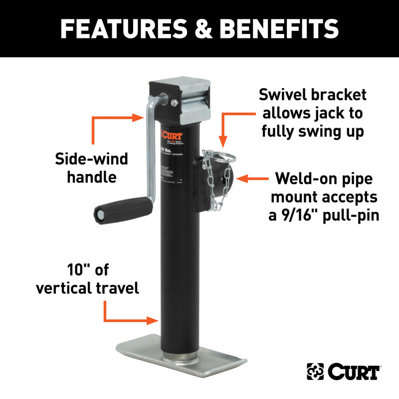 Curt Pipe-Mount Swivel Jack w/Side Handle (2000lbs 10in Travel)