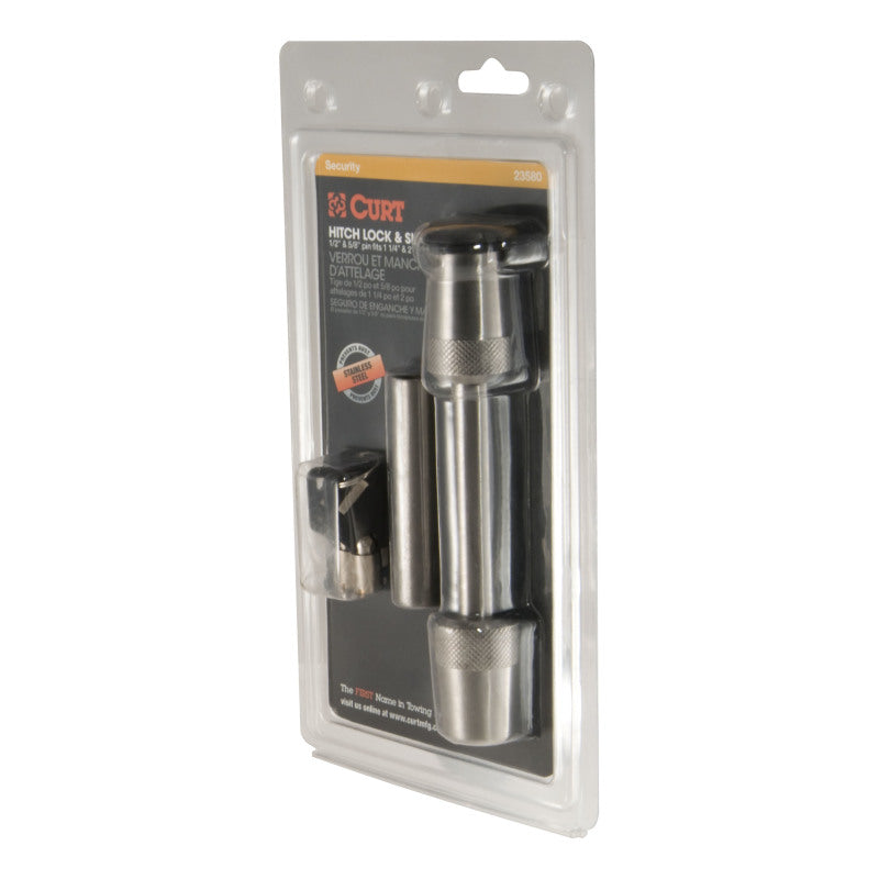 Curt 1/2in Hitch Lock w/5/8in Adapter (1-1/4in or 2in Receiver Barbell Stainless)