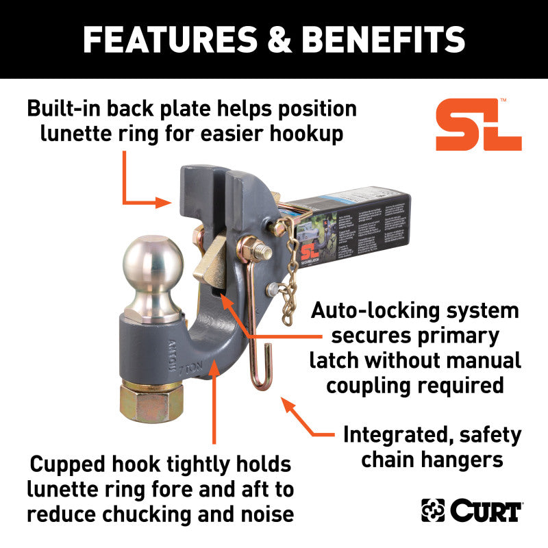 Curt SecureLatch Receiver-Mount Ball & Pintle Hitch Combo (2in Shank 2in Ball 14K)