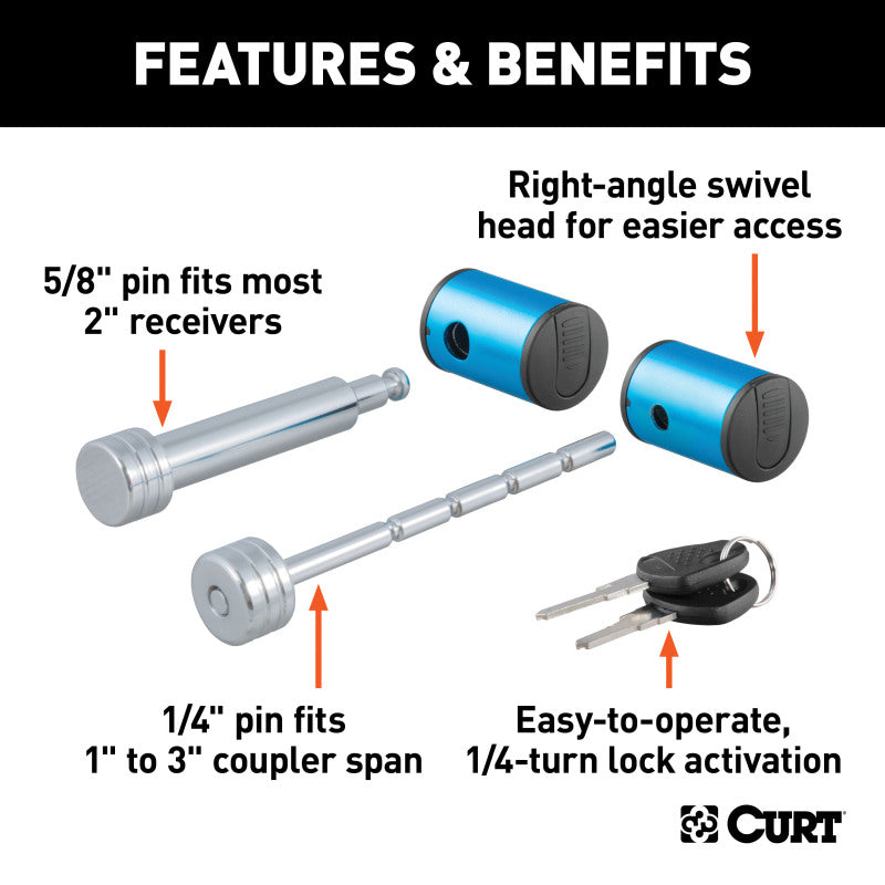 Curt Right-Angle Hitch & Coupler Lock Set (2in Receiver 1in to 3in Latch)