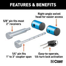 Load image into Gallery viewer, Curt Right-Angle Hitch &amp; Coupler Lock Set (2in Receiver 1in to 3in Latch)