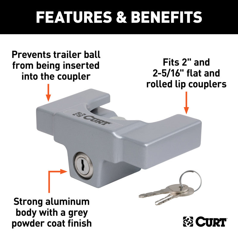 Curt Trailer Coupler Lock for 2in or 2-5/16in Flat Lip Couplers (Grey Aluminum)