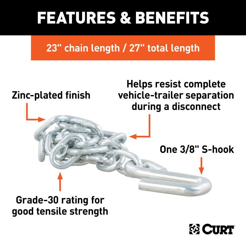Curt 27in Safety Chain w/1 S-Hook (2000lbs Clear Zinc)