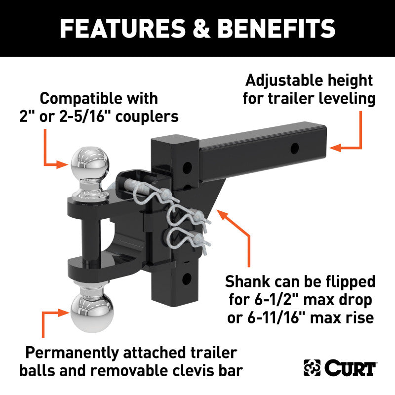 Curt Adjustable Multipurpose Ball Mount (2in Shank 2in & 2-5/16in Balls)