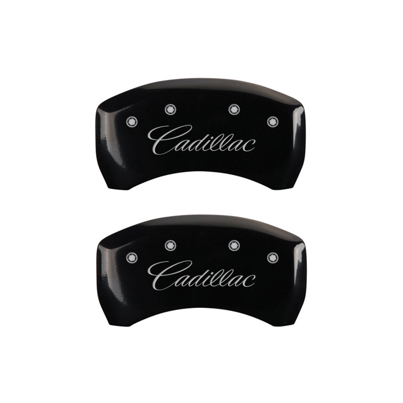 MGP 4 Caliper Covers Engraved F & R Cursive/Cadillac Black Finish Silver Char 2016 Cadillac CT6