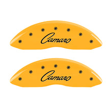 Load image into Gallery viewer, MGP 4 Caliper Covers Engraved Front &amp; Rear Cursive/Camaro Yellow finish black ch