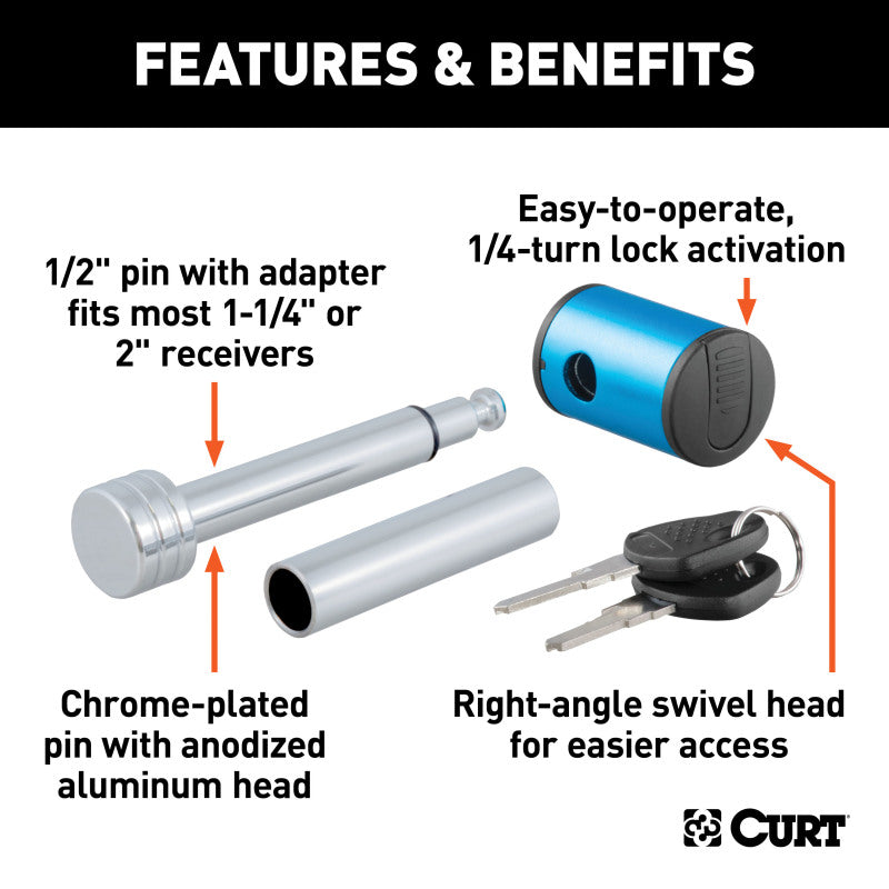 Curt 1/2in Hitch Lock w/5/8in Adapter (1-1/4in or 2in Receiver Right-Angle Chrome)
