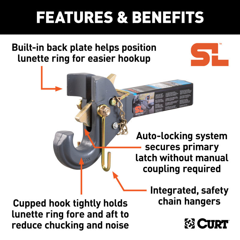 Curt SecureLatch Receiver-Mount Pintle Hook (14000lbs 2in Shank 2-1/2in / 3in Lunette)