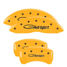 Load image into Gallery viewer, MGP 4 Caliper Covers Engraved F &amp; R Cursive/Challenger Yellow Finish Black Char 2006 Dodge Charger