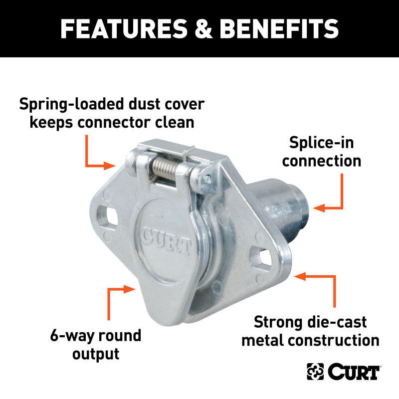 Curt 6-Way Round Connector Socket (Vehicle Side Diecast Metal)